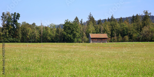 Wiese mit Hütte, Bayern, Deutschland, Europa