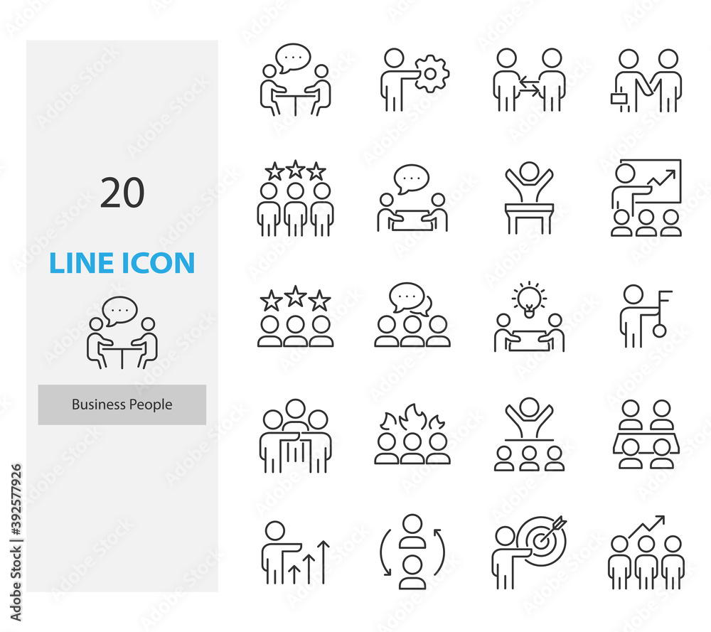 set of people thin line icons, meeting, team, business people