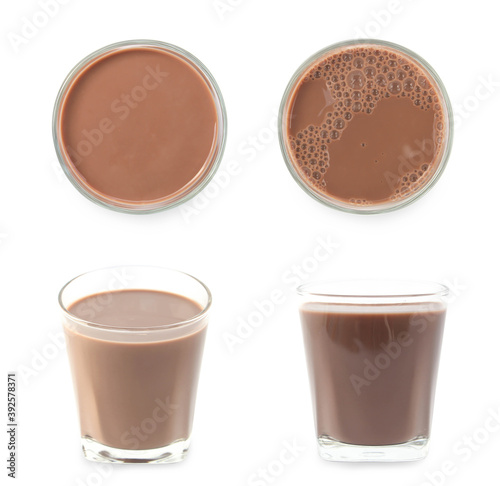 Chocolate milk puddle in glass isolated on white background.