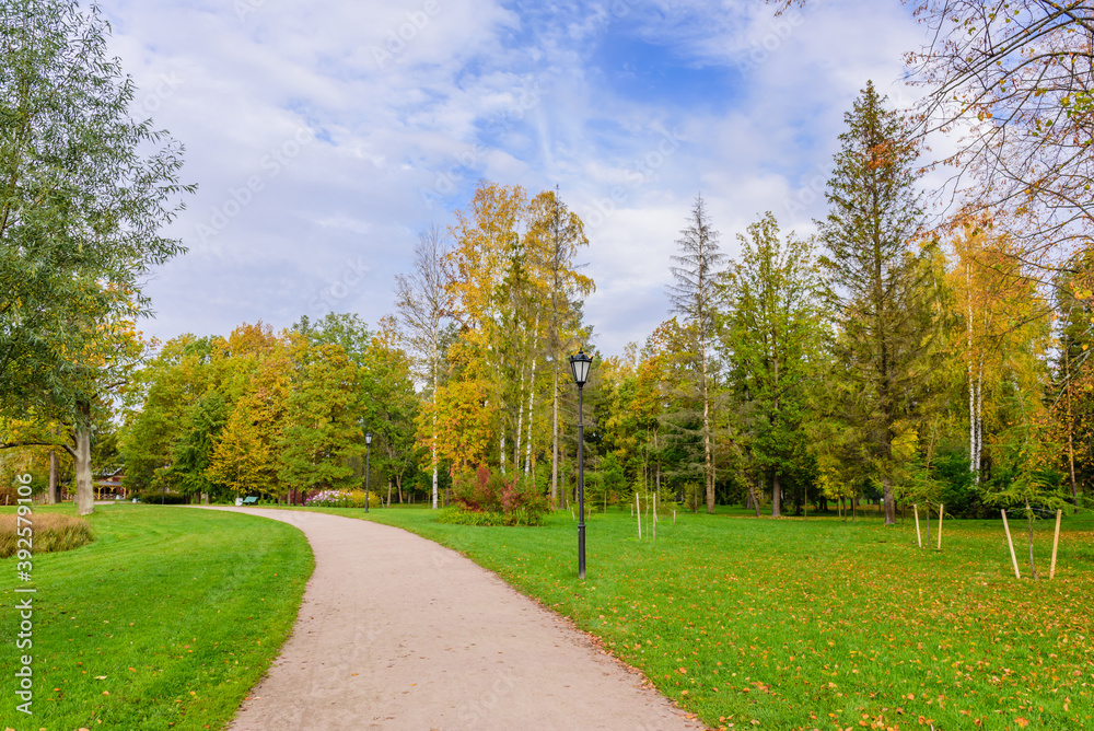 Sightseeing of Saint Petersburg. Picturesque Park in autumn in Gatchina town, a suburb of Saint Petersburg, Russia Sightseeing of Saint Petersburg. Picturesque Park in autumn in Gatchina town, a suburb of Saint Petersburg, Russia