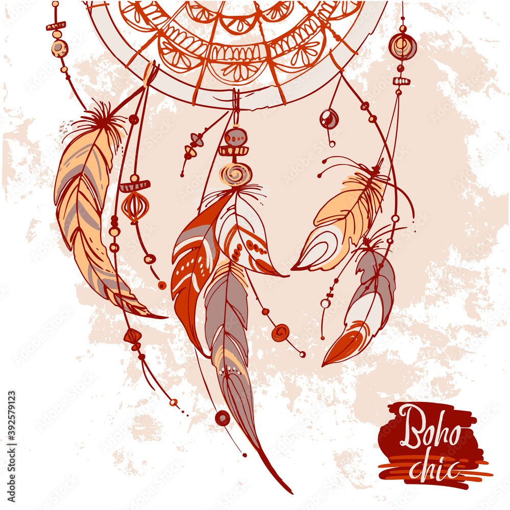 Dreamcatcher, Set of ornaments, feathers and beads. Native american ...