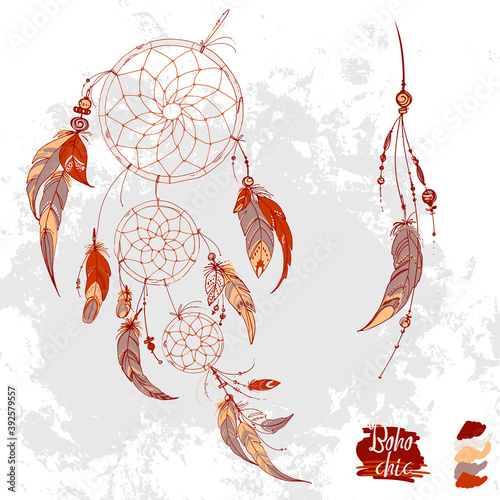 Dreamcatcher, Set of ornaments, feathers and beads. Native american indian dream catcher, traditional symbol. Feathers and beads on white background. Vector decorative elements hippie.