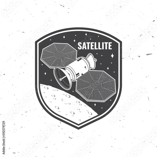 Satellite logo, badge, patch. Vector. Concept for shirt, print, stamp, overlay or template. Vintage typography design with space satellite dishes and mars silhouette.