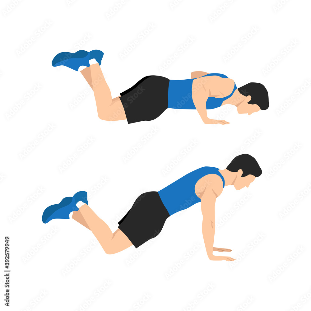 Modified knee push ups exercise. Flat vector illustration isolated on white background. Workout character Modified knee push ups exercise. Flat vector illustration isolated on white background. Workout character