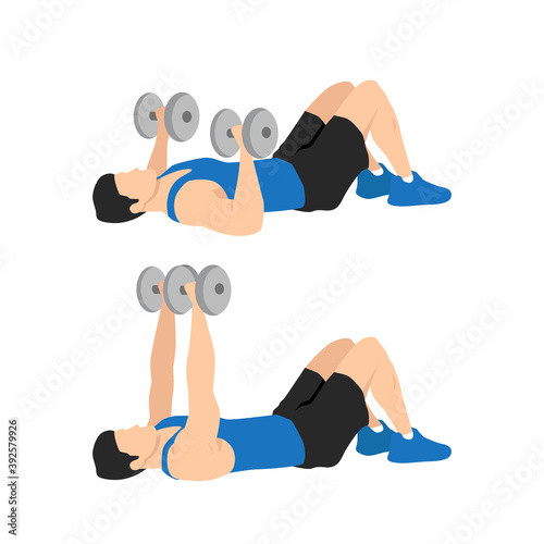 Dumbbell floor chest press exercise. Flat vector illustration isolated on white background. Workout character