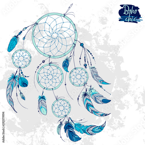 Dreamcatcher, Set of ornaments, feathers and beads. Native american indian dream catcher, traditional symbol. Feathers and beads on white background. Vector decorative elements hippie.