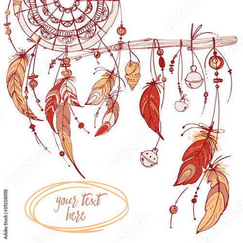 Set of ornaments, feathers and beads. Native american indian dream catcher, traditional symbol. Feathers and beads on white background. Vector decorative elements hippie.