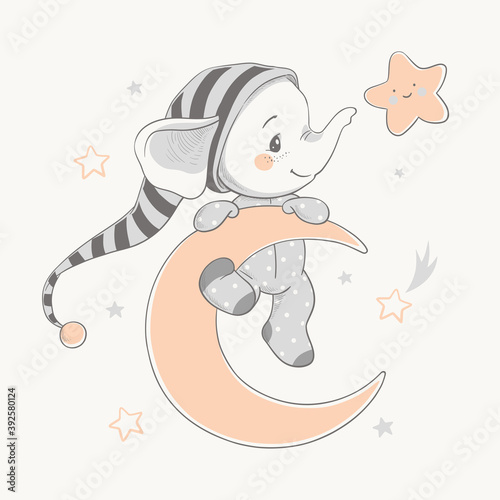 Vector illustration of a cute baby elephant in a striped nightcap on the moon among the stars.