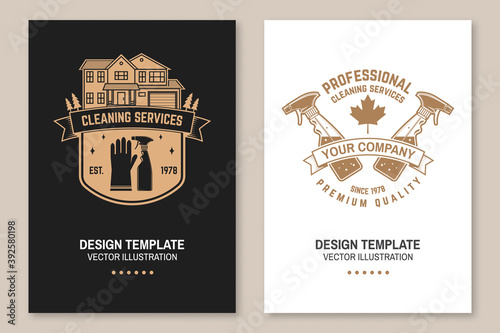 Cleaning company covers, invitations, posters, banners, flyers. Vector. Vintage typography design with cleaning equipments. Cleaning service template for company related business