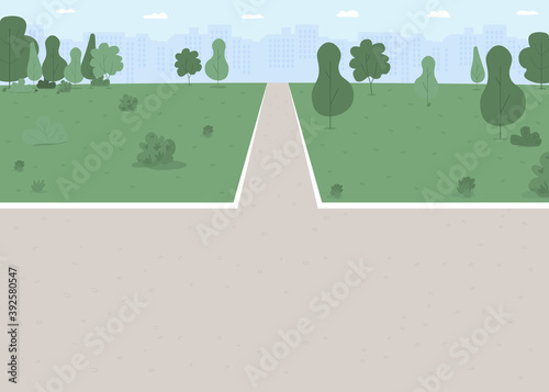Public park flat color vector illustration. City avenue with trees and lawn. Urban area for recreation. Town district with nature. Empty pathway 2D cartoon landscape with skyline on background
