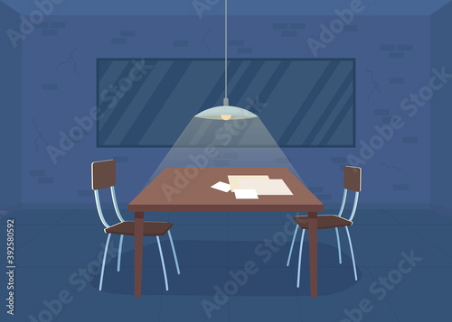 Interrogation room flat color vector illustration. Police department. Detective office. Detention for crime suspect. Empty investigation room 2D cartoon interior with two sided mirror on background
