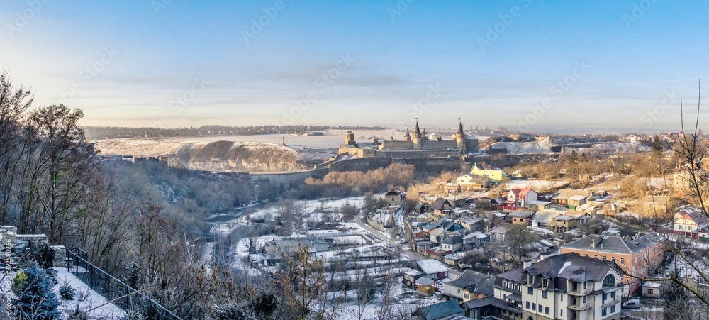 Kamianets-Podilskyi fortress in the early winter morning