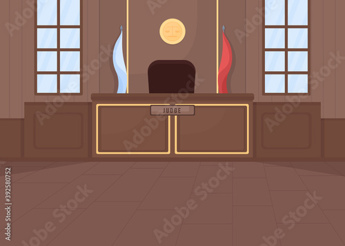 Supreme courthouse flat color vector illustration. Legal procedure. Criminal law. Legislation system. Trial process. Empty court room 2D cartoon interior with judge stand on background
