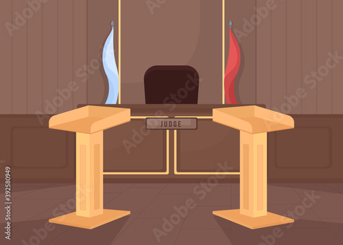 Empty court room flat color vector illustration. Criminal lawsuit. Prosecution and attorney counter. Legal justice. Legislation system. Courthouse 2D cartoon interior with judge stand on background