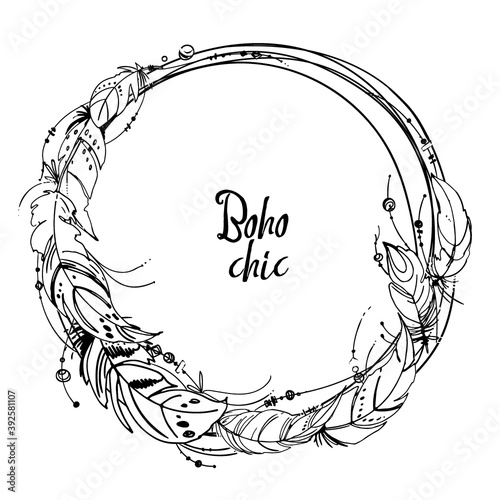 Wreath of colored feathers in the boho style. Set of ornaments, feathers and beads. Native american indian dream catcher, traditional symbol. Vector decorative elements hippie.