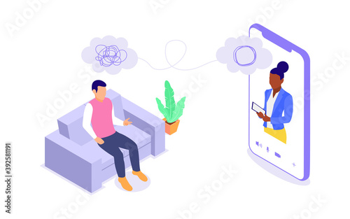 Online psychological counseling concept. A woman provides psychological assistance to a man.