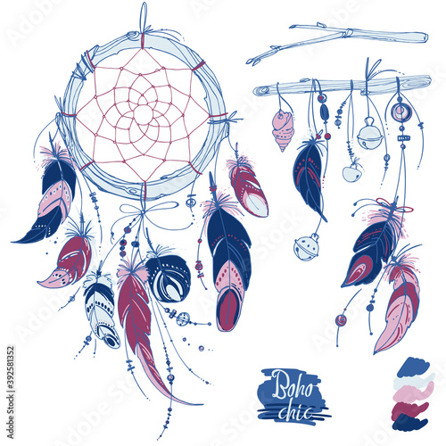 Dreamcatcher, Set of ornaments, feathers and beads. Native american indian dream catcher, traditional symbol. Feathers and beads on white background. Vector decorative elements hippie.
