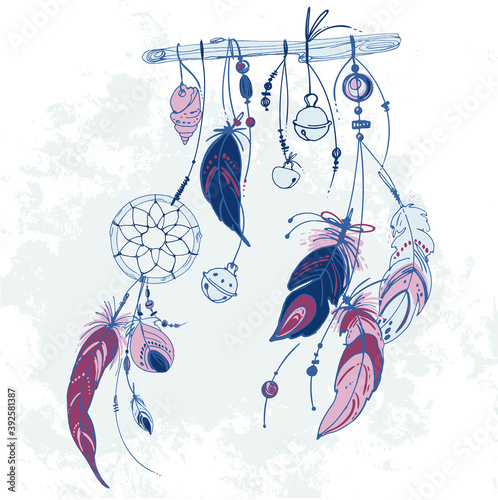 Dreamcatcher, Set of ornaments, feathers and beads. Native american indian dream catcher, traditional symbol. Feathers and beads on white background. Vector decorative elements hippie.