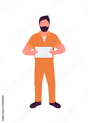 Prisoner flat color vector faceless character. Legal punishment. Arrested man. Caught suspect. Criminal with placard for mugshot isolated cartoon illustration for web graphic design and animation