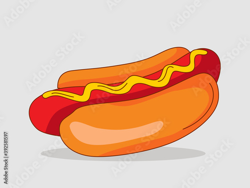 American Hot dog - fried sausage in a bun with sauces. Fast food meal. Vector illustration. Flat cartoon.  