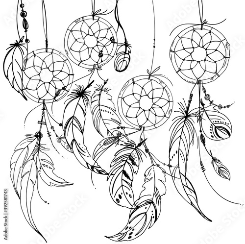 Dreamcatcher, Set of ornaments, feathers and beads. Native american indian dream catcher, traditional symbol. Feathers and beads on white background. Vector decorative elements hippie.