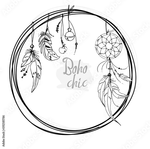 Dreamcatcher, Set of ornaments, feathers and beads. Native american indian dream catcher, traditional symbol. Feathers and beads on white background. Vector decorative elements hippie.
