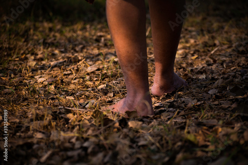 Close-up of women walking over dry leaves in naked feet © suman