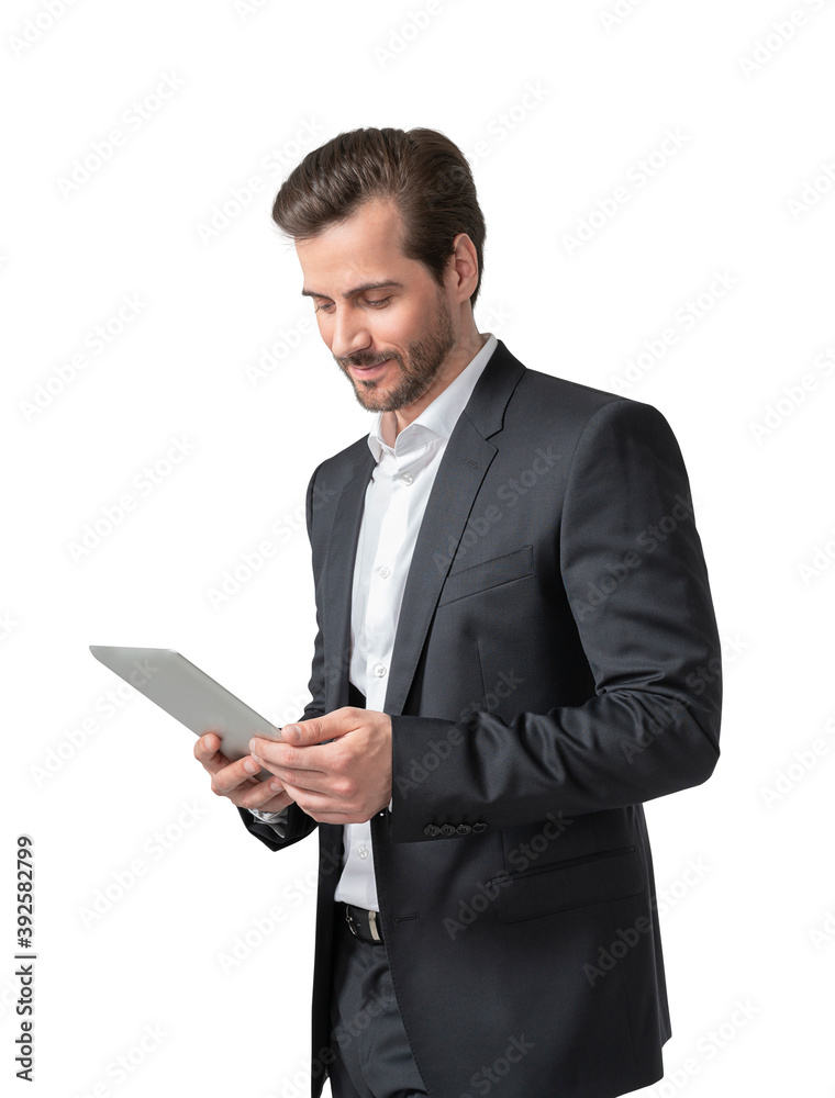 Bearded young businessman with tablet, isolated Bearded young businessman with tablet, isolated