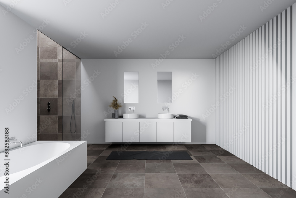 White bathroom interior with double sink and tub White bathroom interior with double sink and tub