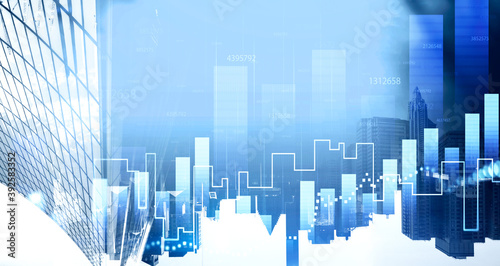 Financial graphs and skyscraper background