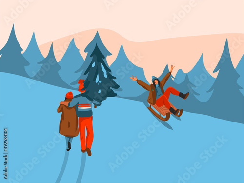 Hand drawn vector abstract fun stock flat Merry Christmas,and Happy New Year time cartoon festive card with cute illustrations of Xmas sledding friends isolated on winter landscape background