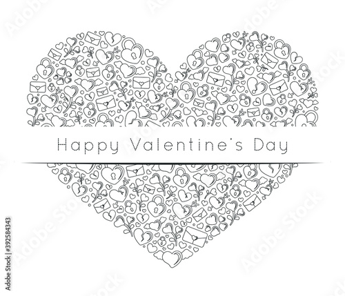 Happy Valentine's Day romance and love themed icons doodle collage shaped into a heart black and white outline vector illustration. Detailed coloring book page design for adults.