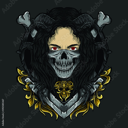 artwork illustration and t-shirt design devil girl skull mask engraving ornament premium vector