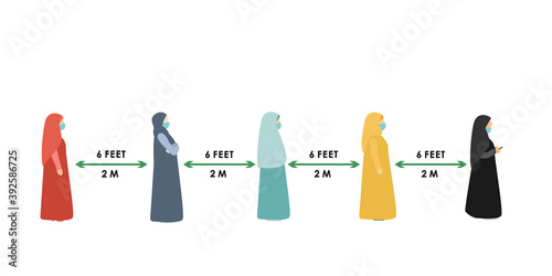 Arab women. social distance. Full length of cartoon sick people in medical masks standing in line against at a safe distance of 2 meters or 6 feet. flat vector illustration