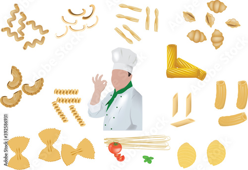 various pasta with figure of the cook