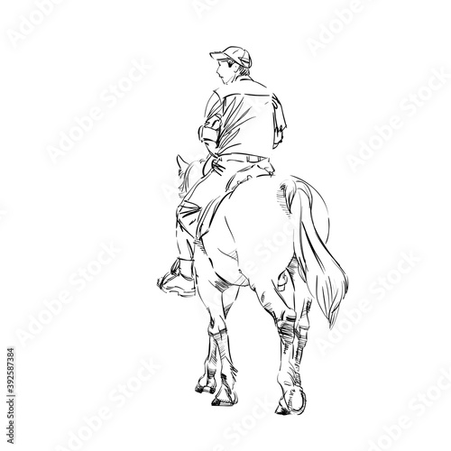 A Horsemen and Horse. Young Ranger. Freehand Monochrome Drawing of Animal and People. Linear Graphic. Realistic Pen Drawing Imitation. Vector Illustration. Mounted Constabulary. Animal Art