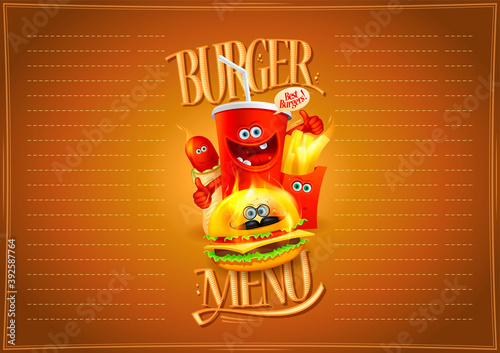 Burger menu list design concept for fast food with hot dog, burger, french fries and soda drink as a cartoon personages