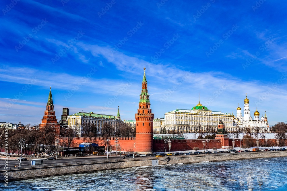 View of the Moscow Kremlin and Moscow River in early spring in March during the ice break. Russia.