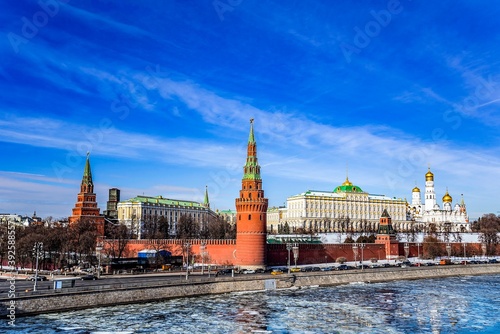 View of the Moscow Kremlin and Moscow River in early spring in March during the ice break. Russia.