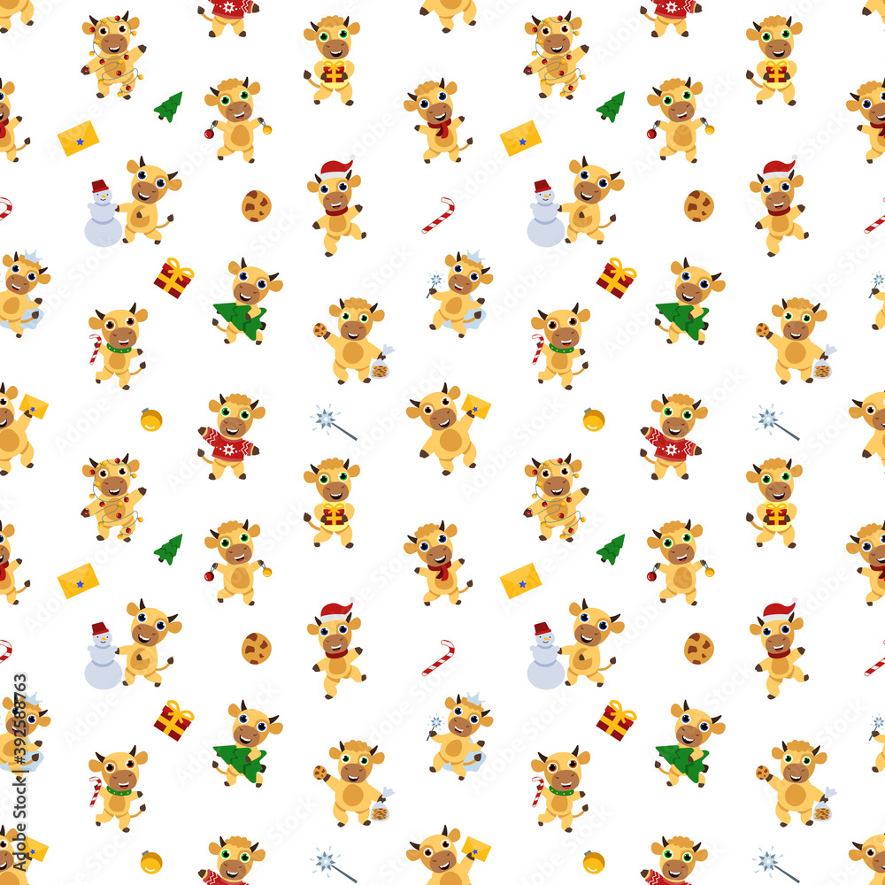 seamless pattern new year bulls, simple vector illustration