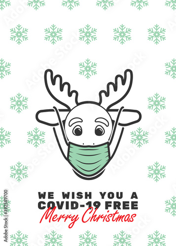 Reindeer with mask and We wish you a covid-19 free Merry Christmas text. Editable strokes. © Vectorielle