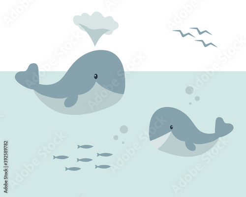 Cute whales  vector illustration about the protection of wildlife for the development of children.