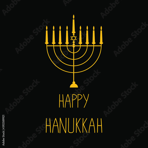 An illutration of a yellow menorah on black background. Happy Hanukkah sign. Greeting card template.