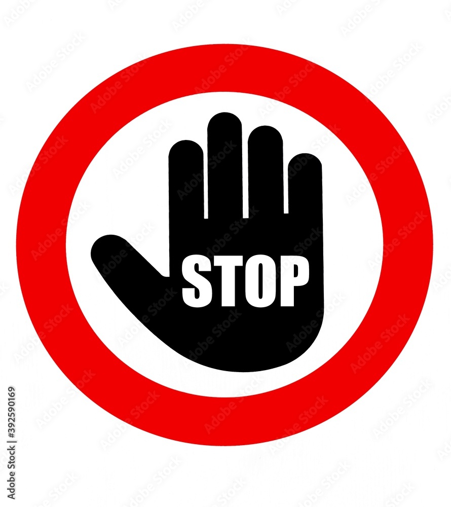 Stop hand sign, with the word written on the palm. Stop hand sign, with the word written on the palm.