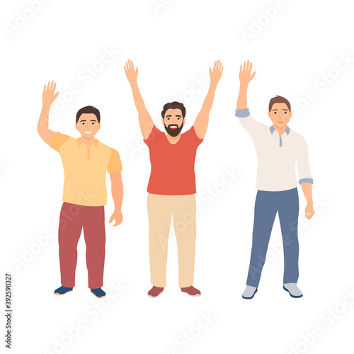 group of men with their hands up voting. Volunteering. Hand drawn vector illustration