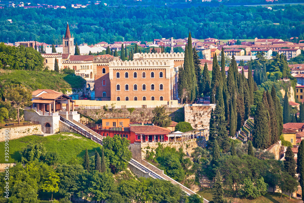 Verona. Castel San Pietro on picturesque green hill in historic city of Verona view,