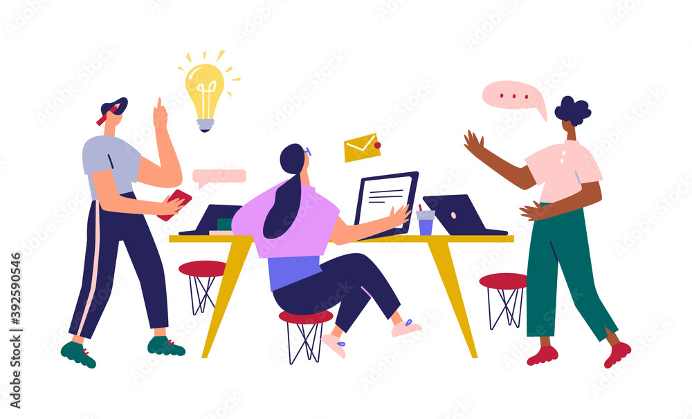 Creative people in office have idea working together with laptops and tablet. Successful team in co working space developing project. Partnership cartoon flat vector illustration.