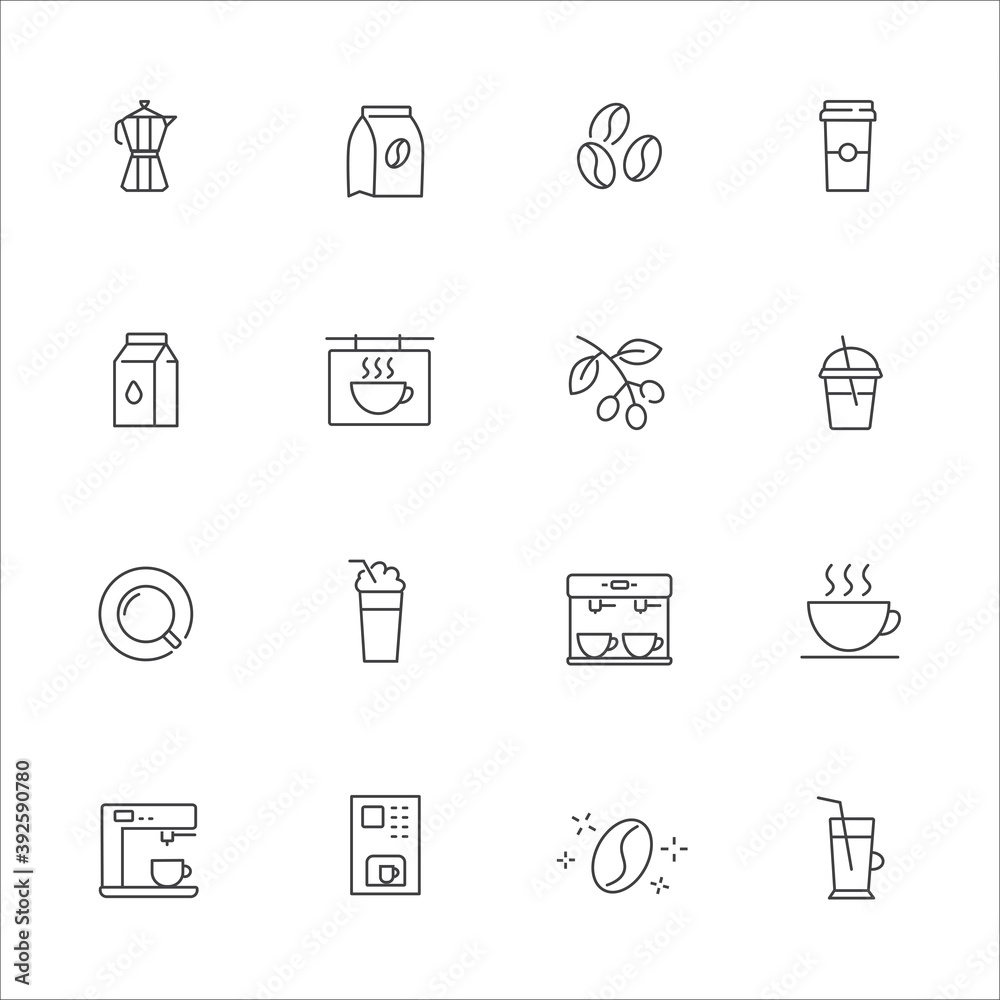 Simple coffee related vector line icons set Contains icons such as Cezve, Coffee Maker, Beans and more. Editable strokes.