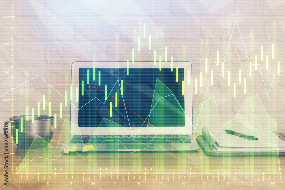 Multi exposure of forex graph and work space with computer. Concept of international online trading. Multi exposure of forex graph and work space with computer. Concept of international online trading.