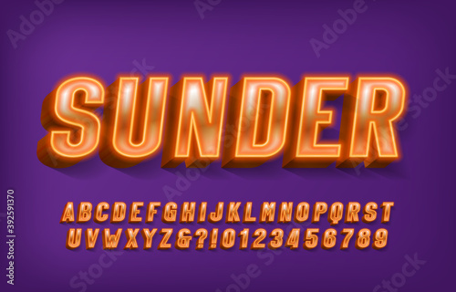 Sunder alphabet font. Yellow neon light 3d letters and numbers. Stock vector typescript for your typography design.